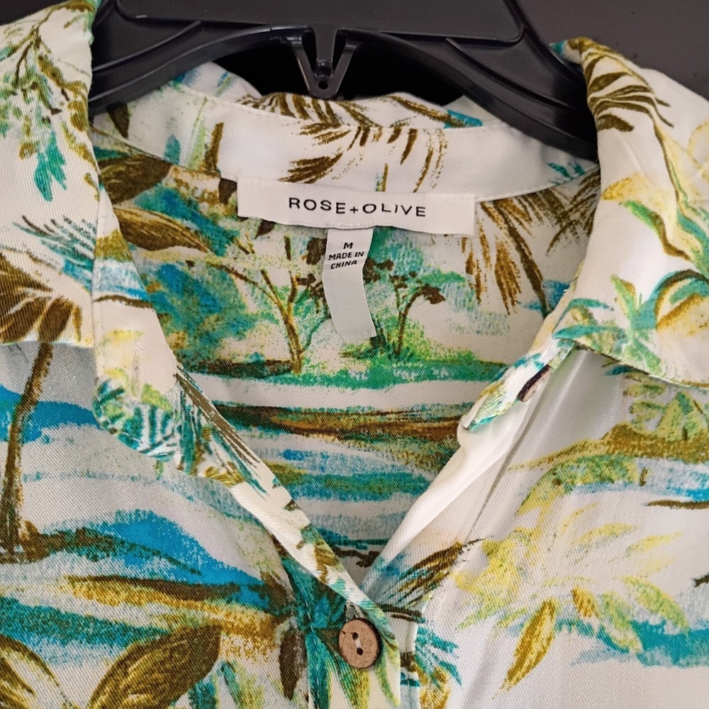 ROSE + OLIVE Palm Tree Tropical Button Up‎ Shirt Sleeve Shirt Women's Sz M Rayon - Picture 4 of 8